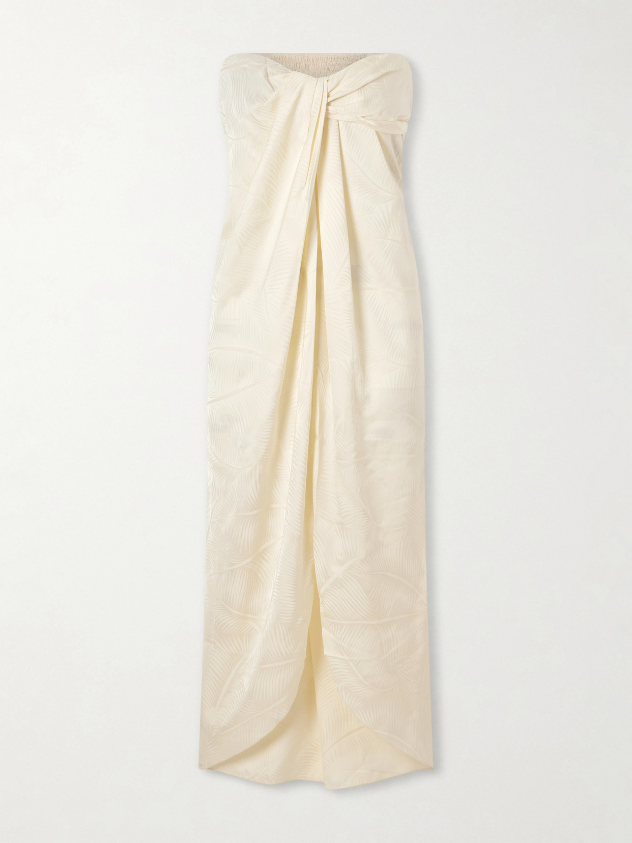 Johanna Ortiz Graceful Strapless Twisted Knotted Satin-jacquard Top In Multi