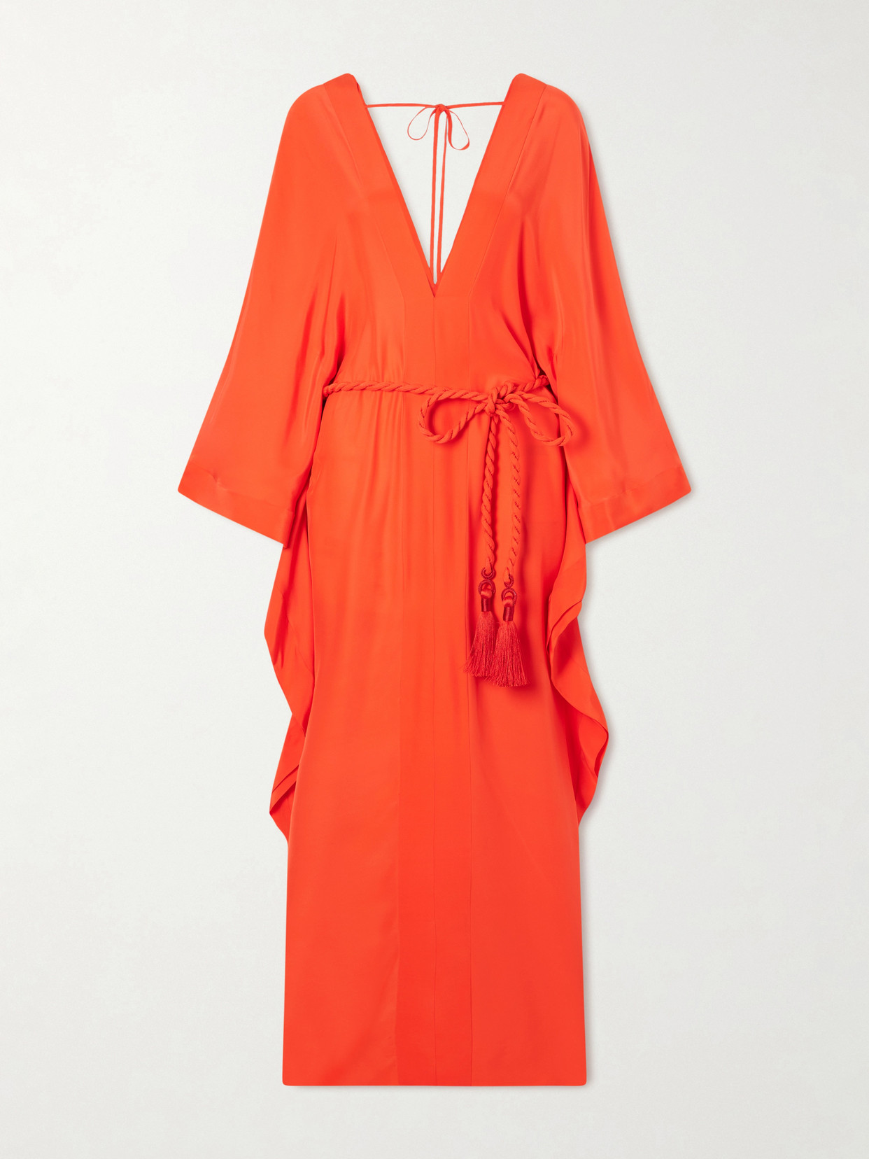 Andres Otalora Un Deseo Belted Tasseled Silk-charmeuse Kaftan In Orange