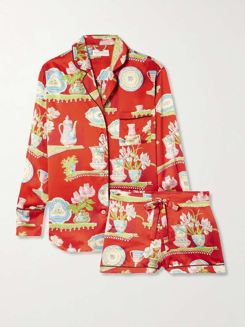 Olivia von Halle Alba Piped Printed Silk-satin Pajamas