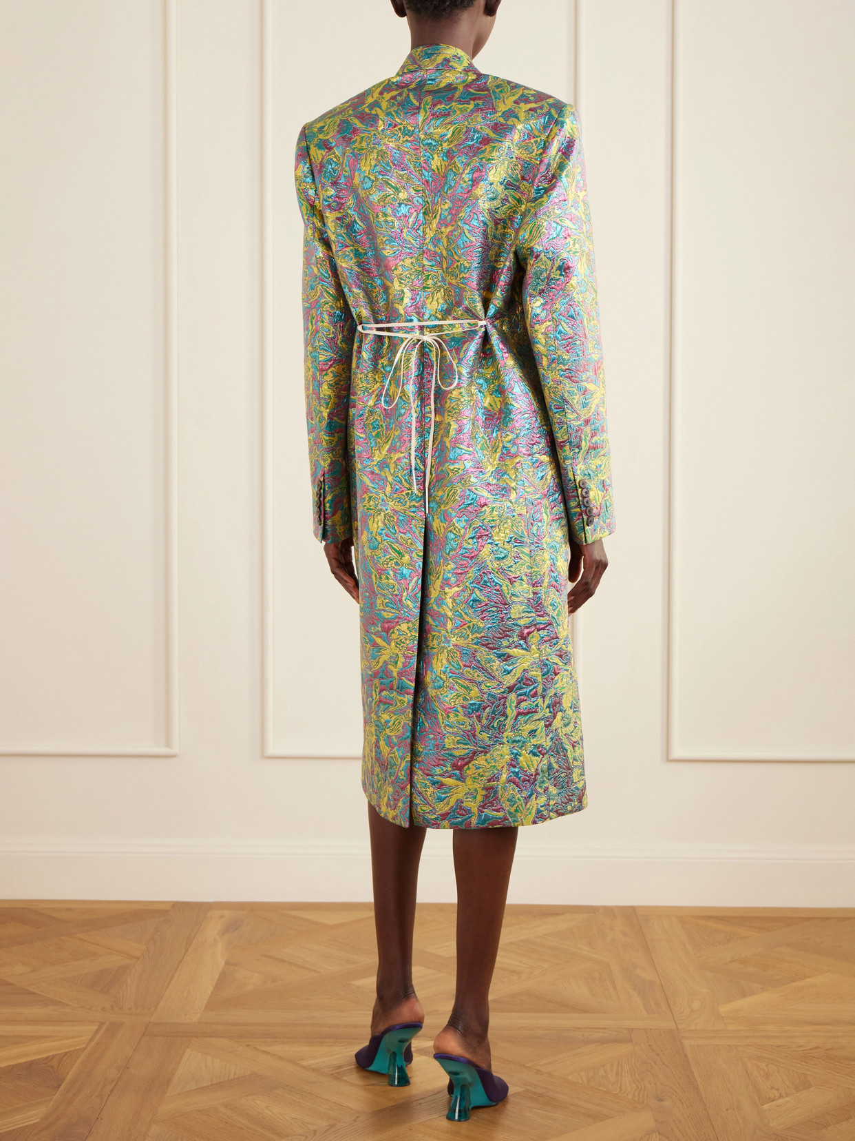 Double-Breasted Metallic Floral-Jacquard Long Coat