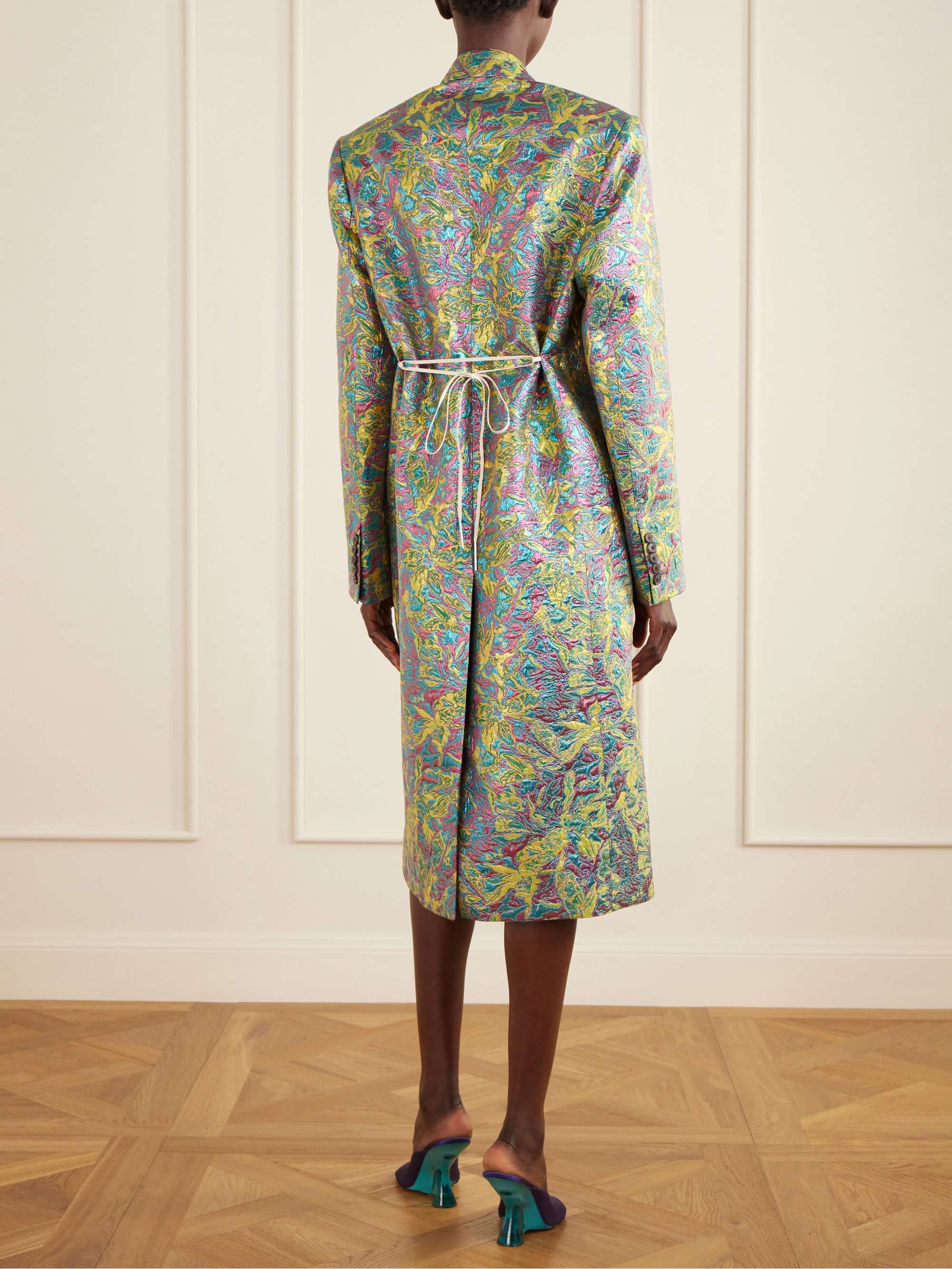 DRIES VAN NOTEN Double-breasted metallic floral-jacquard long coat