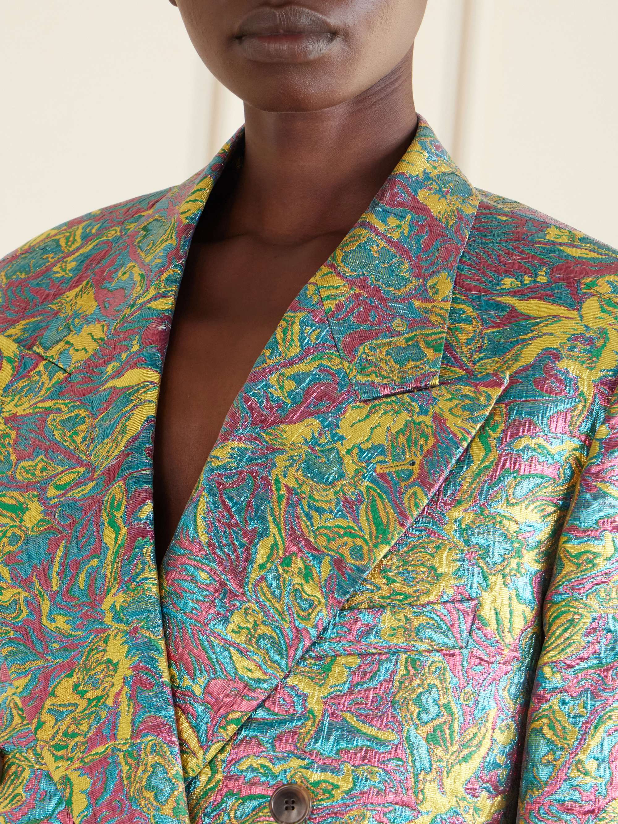 DRIES VAN NOTEN Double-breasted metallic floral-jacquard long coat