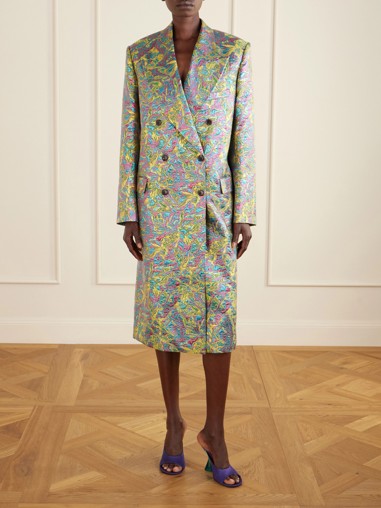 Double-Breasted Metallic Floral-Jacquard Long Coat