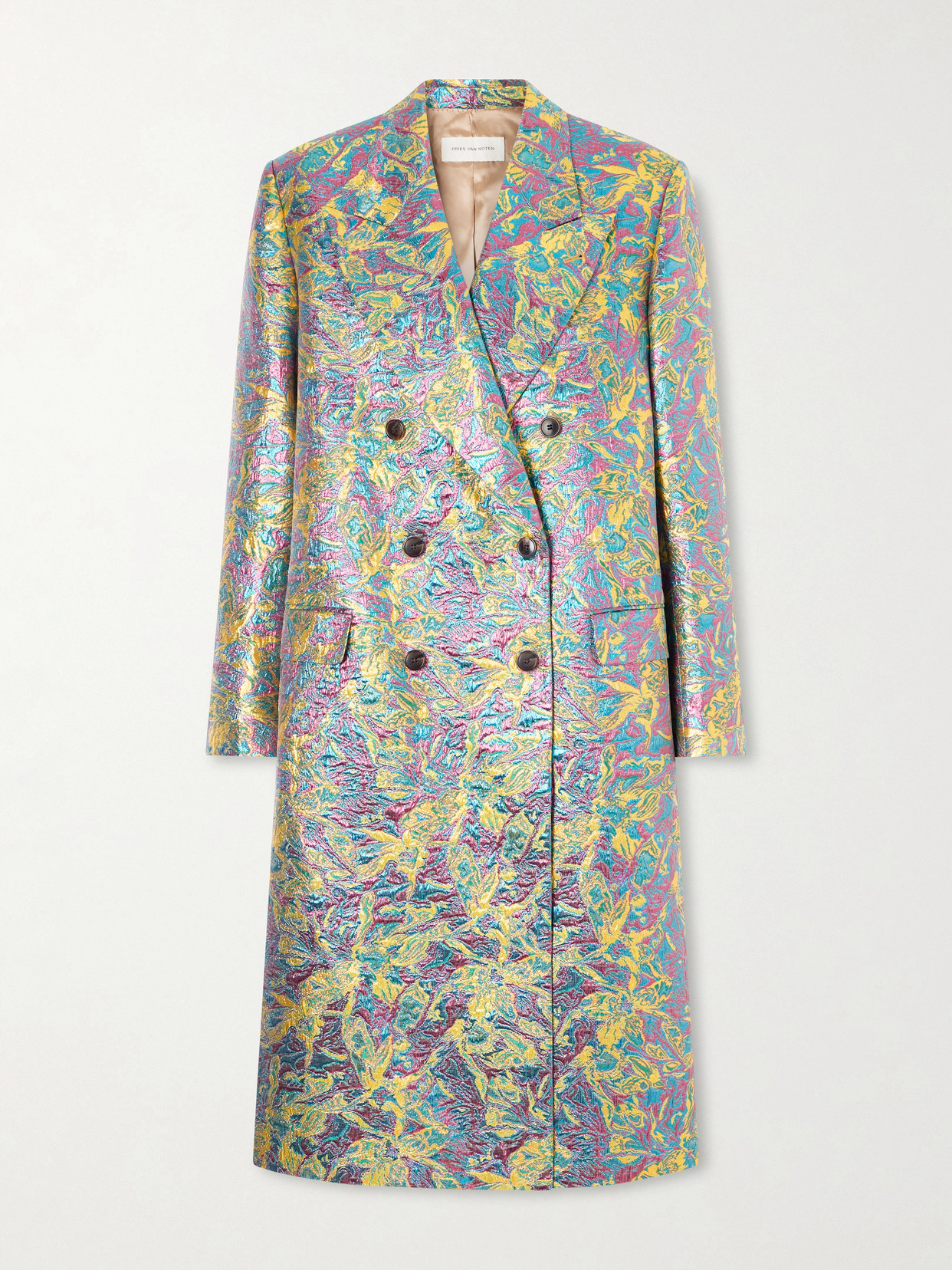 Double-Breasted Metallic Floral-Jacquard Long Coat