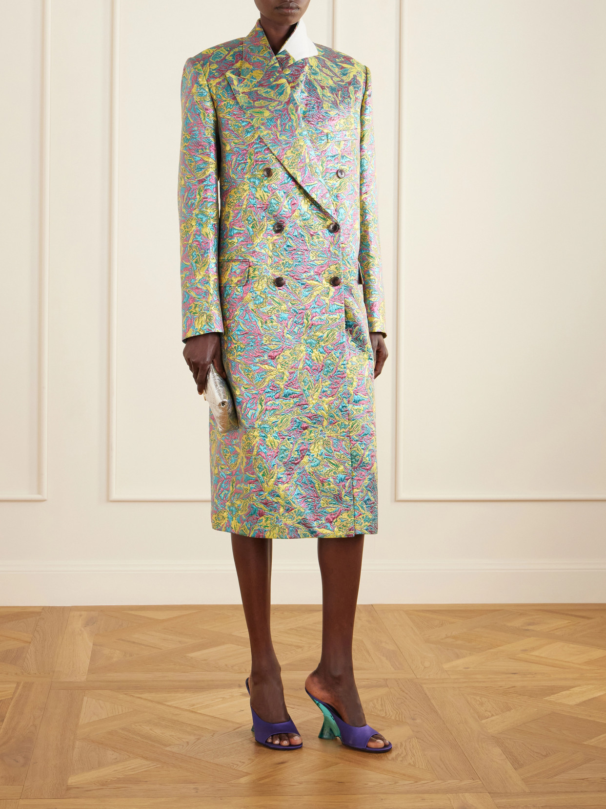 Double-Breasted Metallic Floral-Jacquard Long Coat