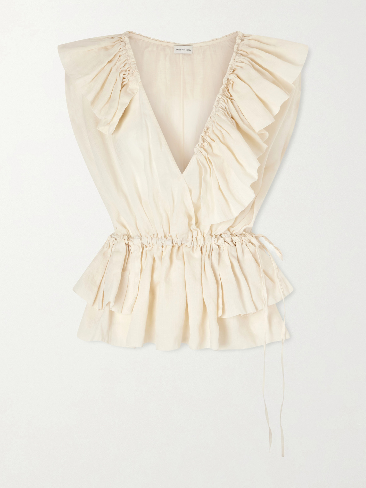 Dries Van Noten Sleeveless Top Elastic Waist Ruffled Neckline In White