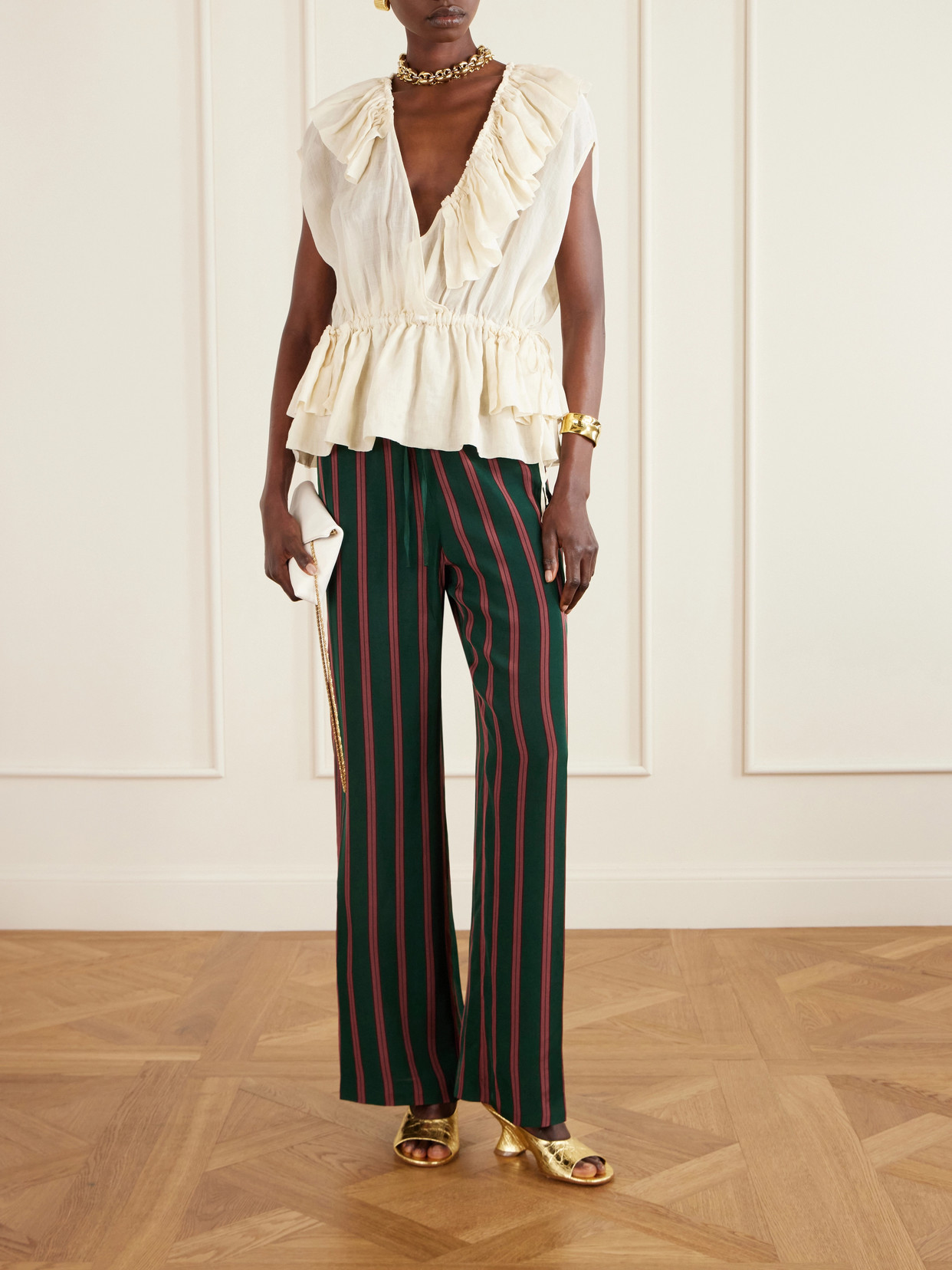 Dries Van Noten Sleeveless Top Elastic Waist Ruffled Neckline In White