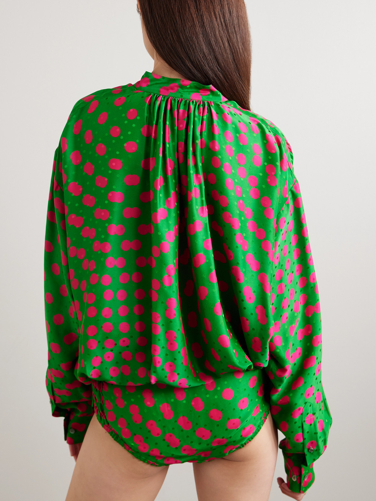 Draped Polka-Dot Satin-Jacquard Blouse
