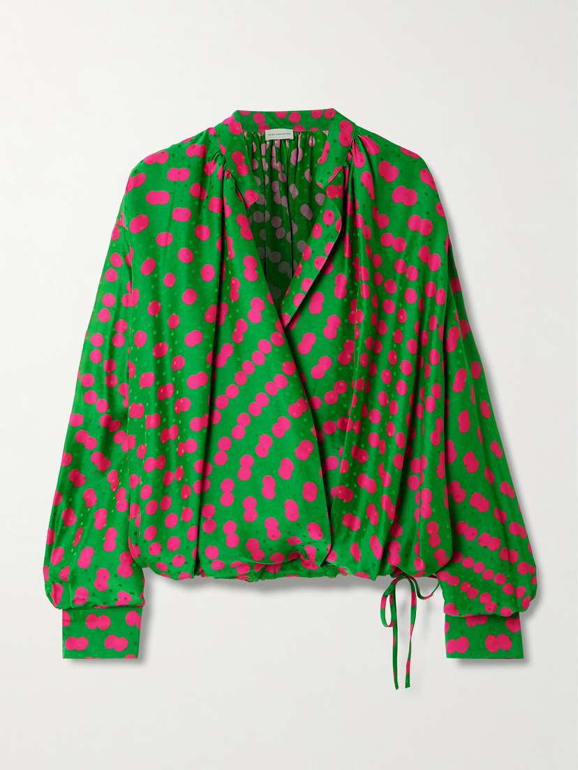 Dries Van Noten Draped Polka-dot Satin-jacquard Blouse