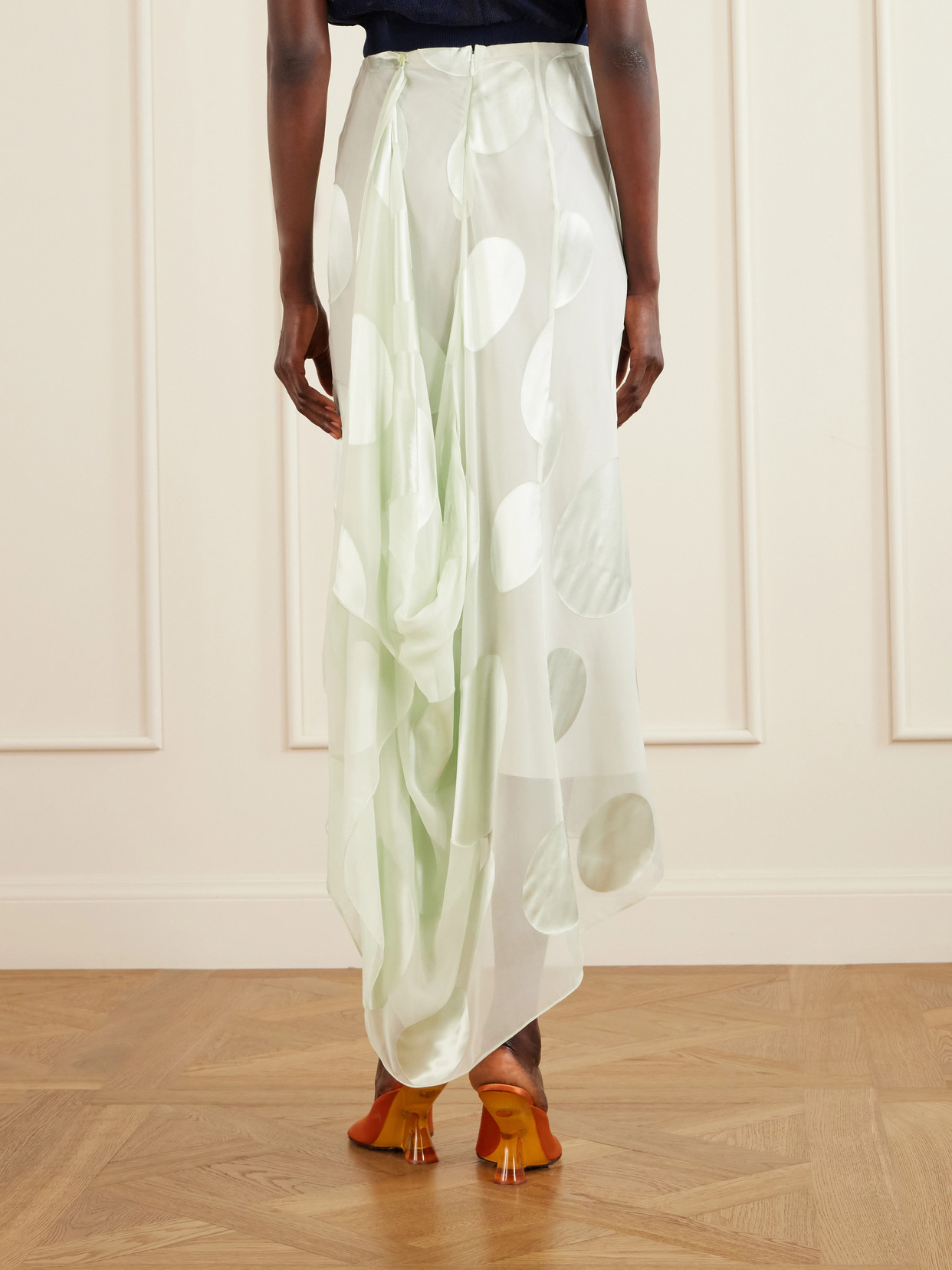 Asymmetric Polka-Dot Satin-Trimmed Chiffon Maxi
