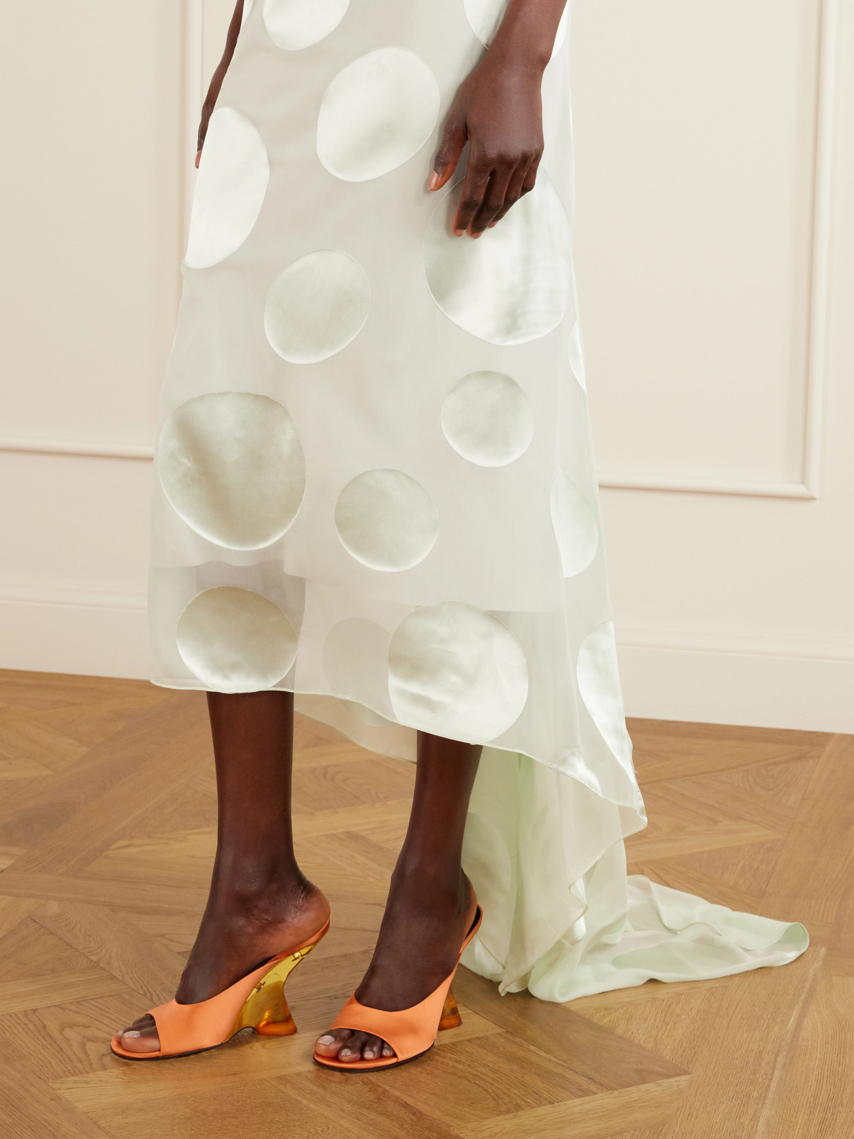 Asymmetric Polka-Dot Satin-Trimmed Chiffon Maxi