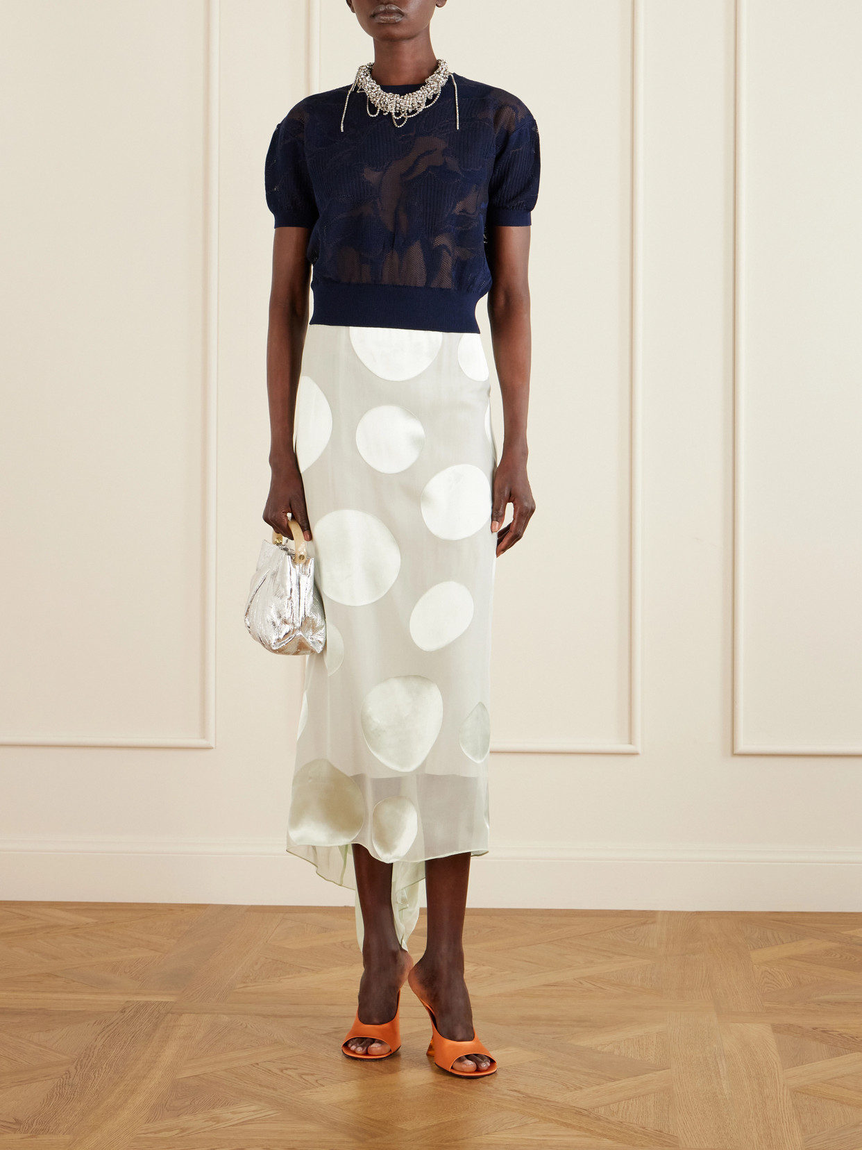 Asymmetric Polka-Dot Satin-Trimmed Chiffon Maxi