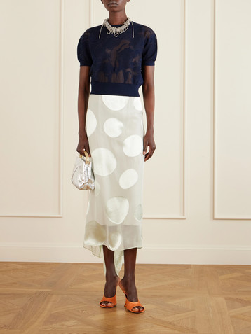 Dries Van Noten Asymmetric polka-dot satin-trimmed chiffon maxi skirt