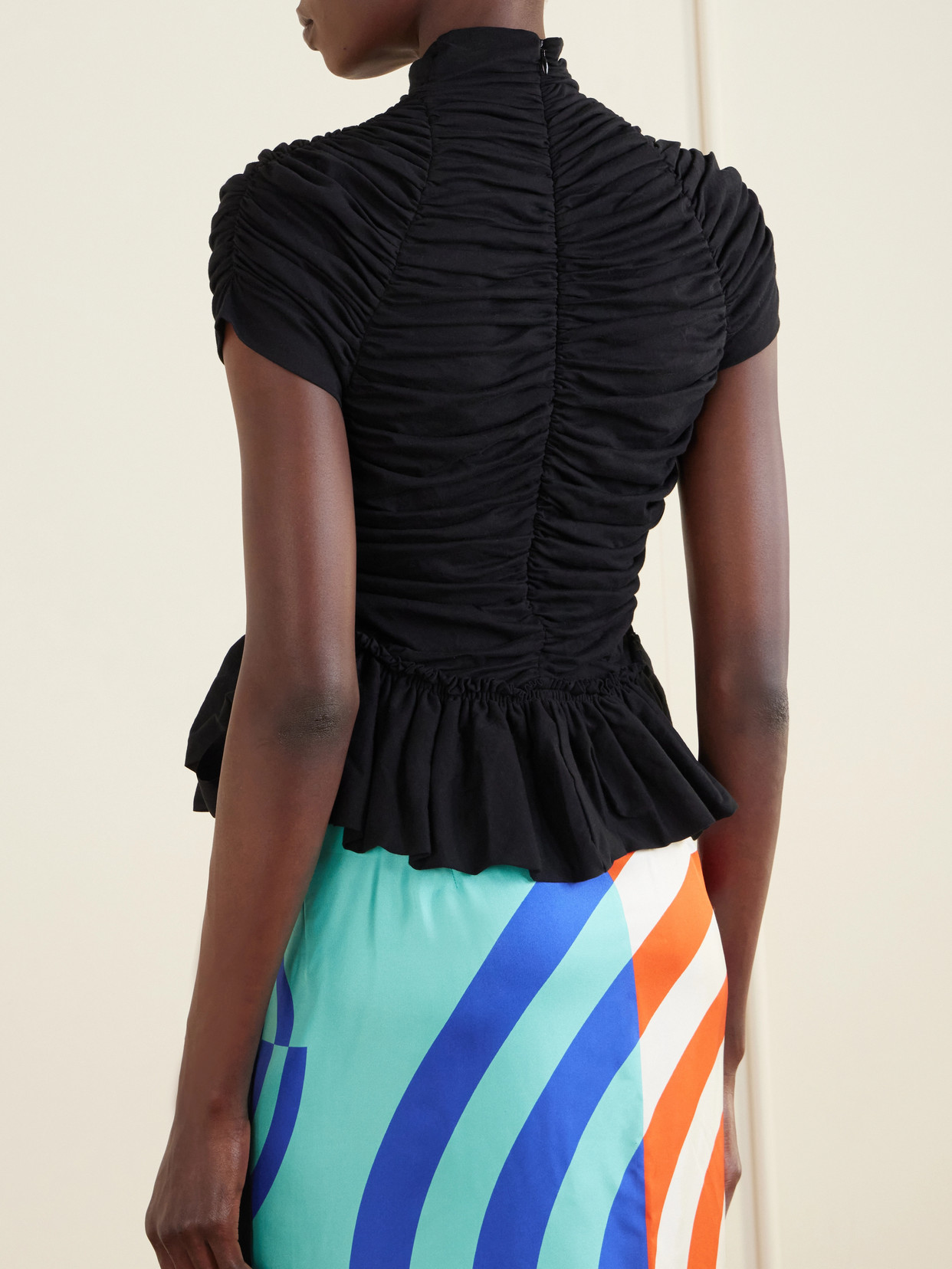 Ruffled Draped Cotton-Jersey Turtleneck Top