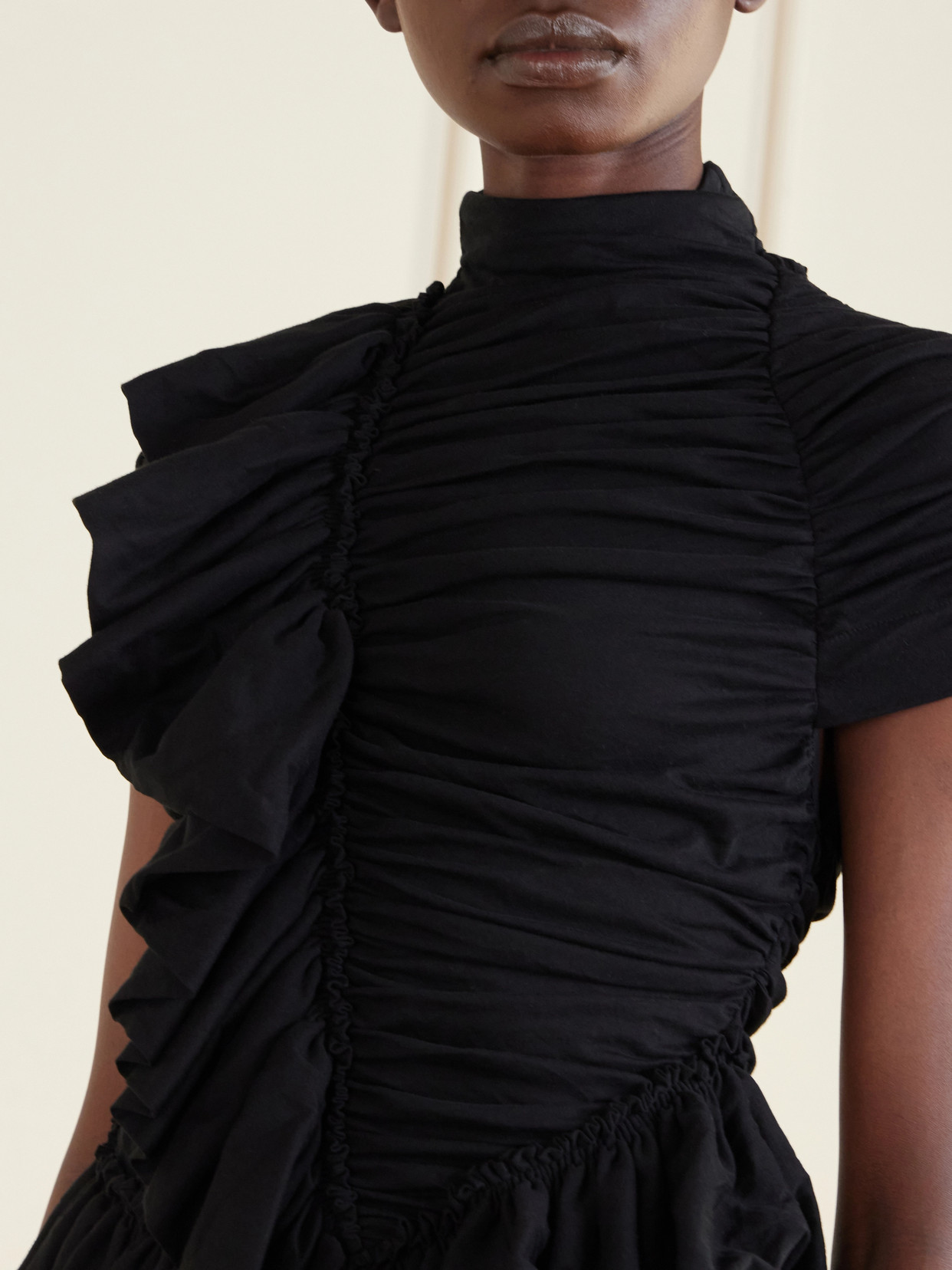 Ruffled Draped Cotton-Jersey Turtleneck Top