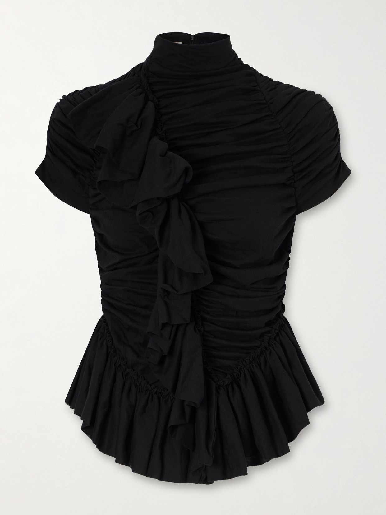Ruffled Draped Cotton-Jersey Turtleneck Top