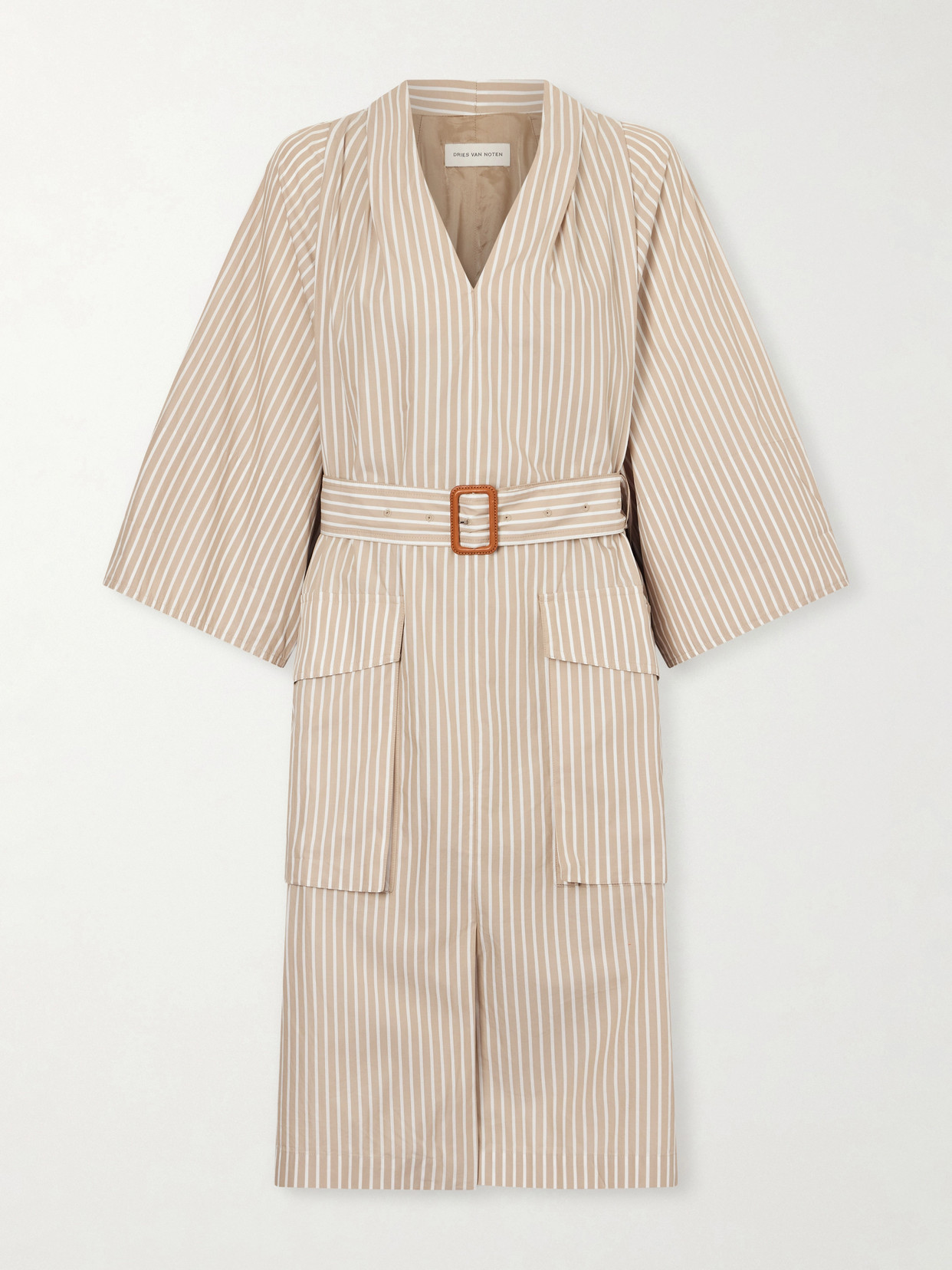 Dries Van Noten Belted Striped Cotton Midi Dress In Brown