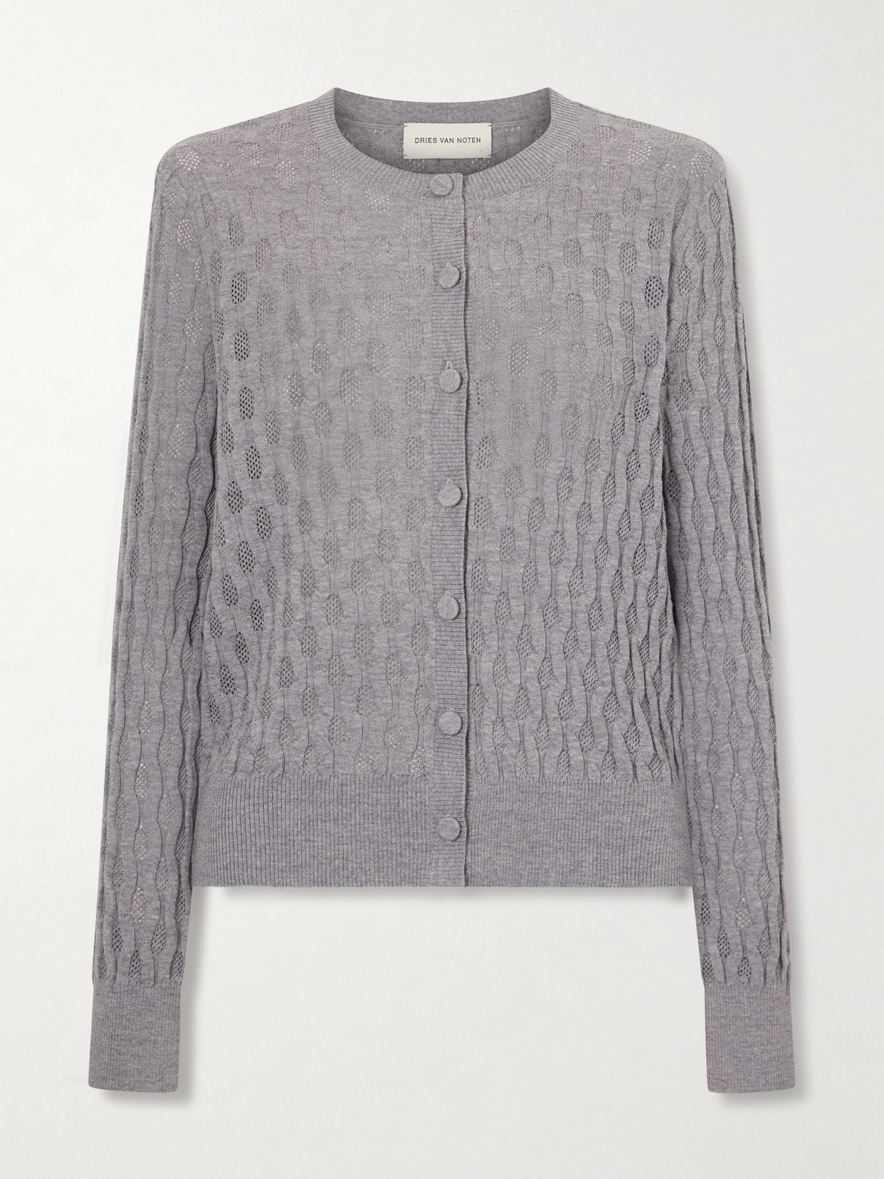 Dries Van Noten Pointelle-knit Merino Wool Cardigan In Gray