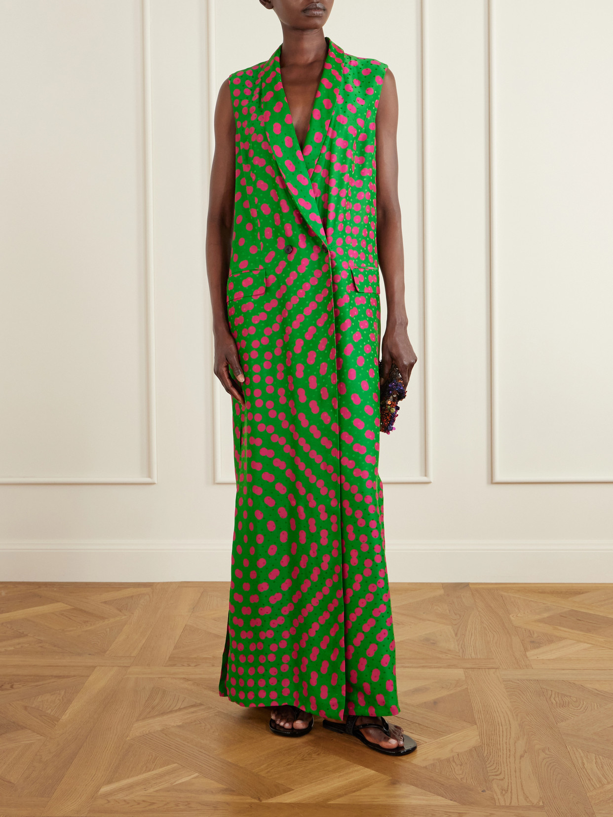 Polka-Dot Satin-Jacquard Long Coat