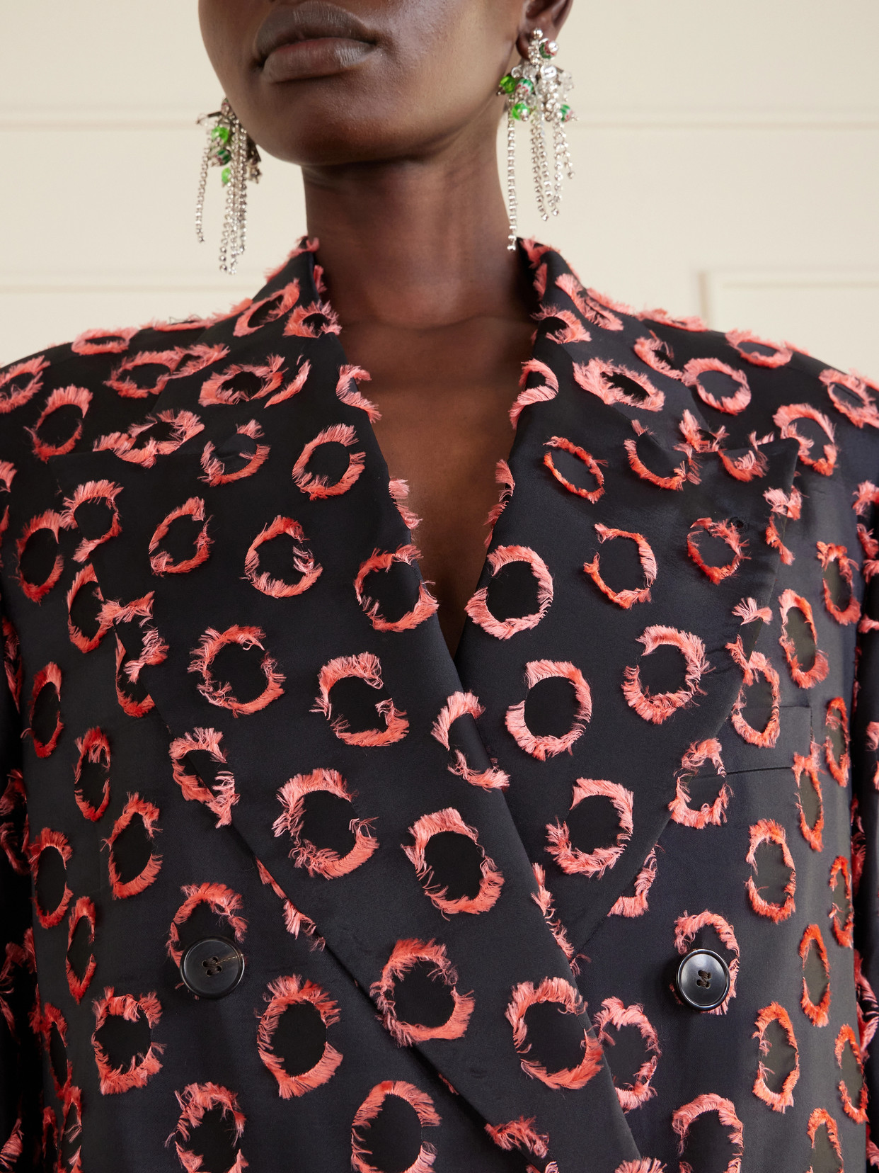 Double-Breasted Polka-Dot Fil-Coupé Silk-Blend Coat