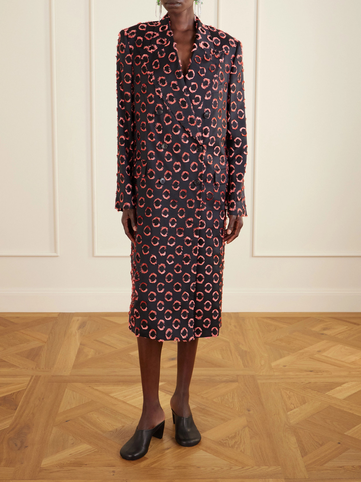Double-Breasted Polka-Dot Fil-Coupé Silk-Blend Coat