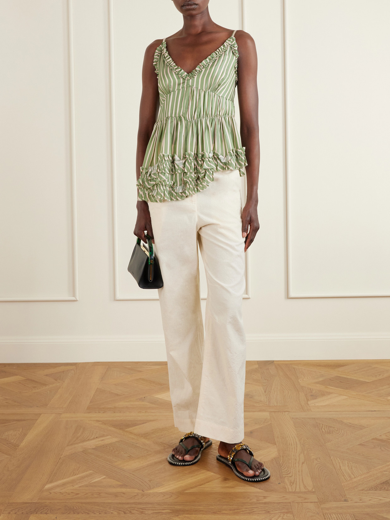 Cemil Striped Ruffled Satin Camisole