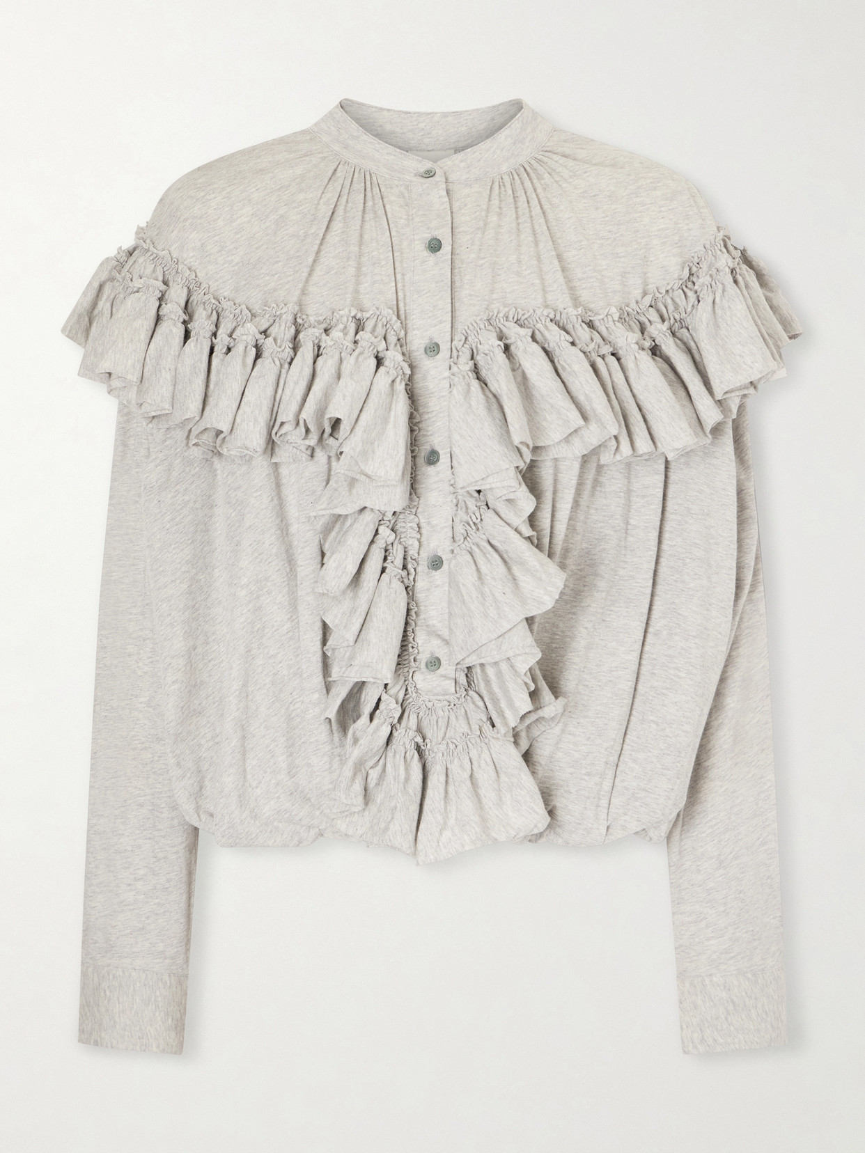 Dries Van Noten Ruffled Cotton-jersey Blouse In Gray