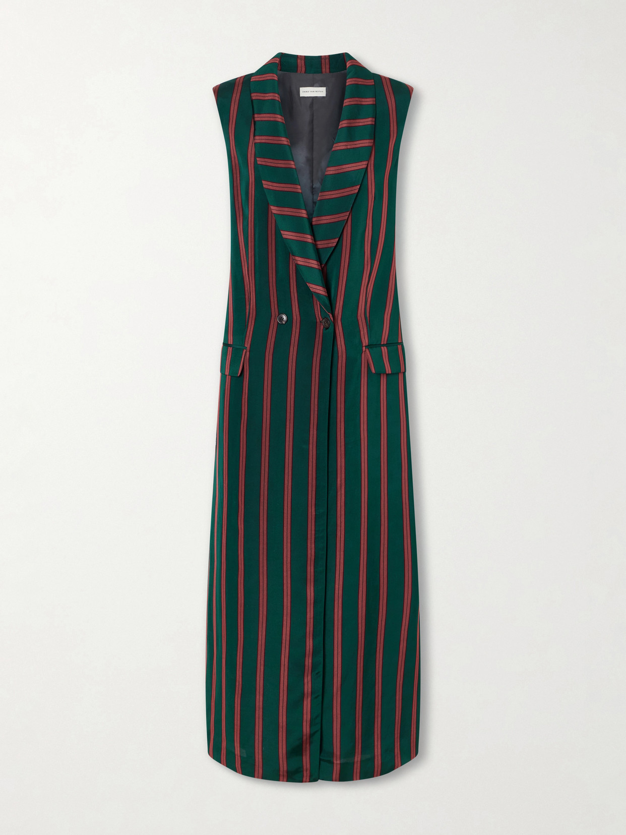 Dries Van Noten Covy Striped Satin Long Coat In Green
