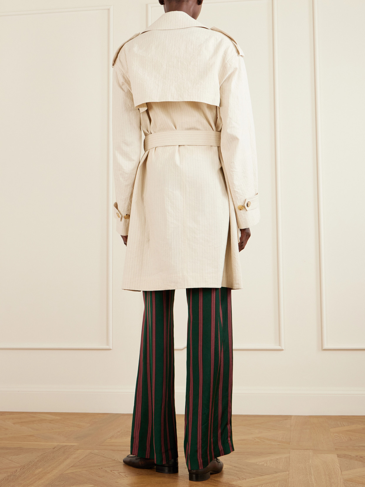 Double-Breasted Belted Striped Cotton-Blend Trench Coat