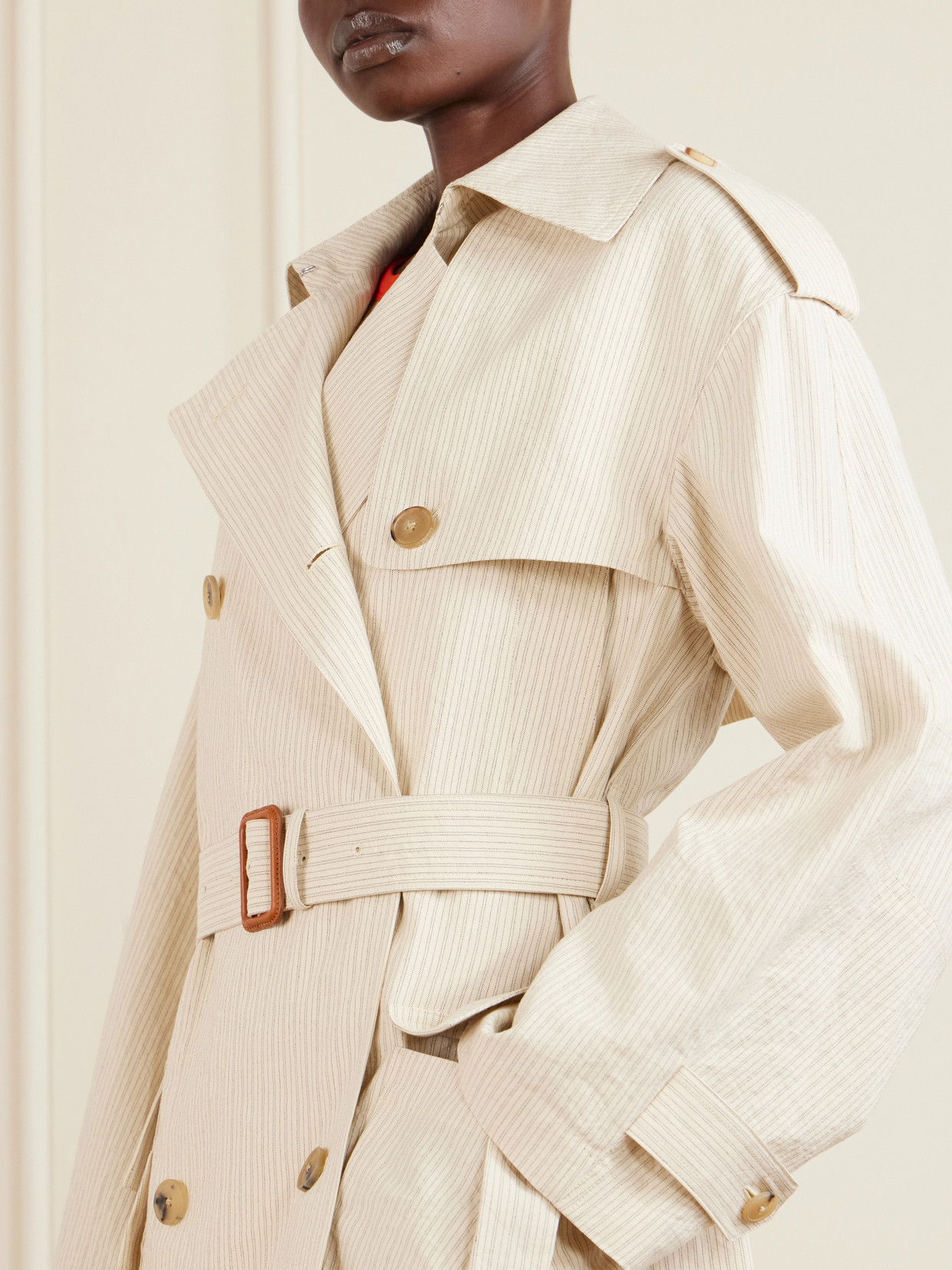 Double-Breasted Belted Striped Cotton-Blend Trench Coat