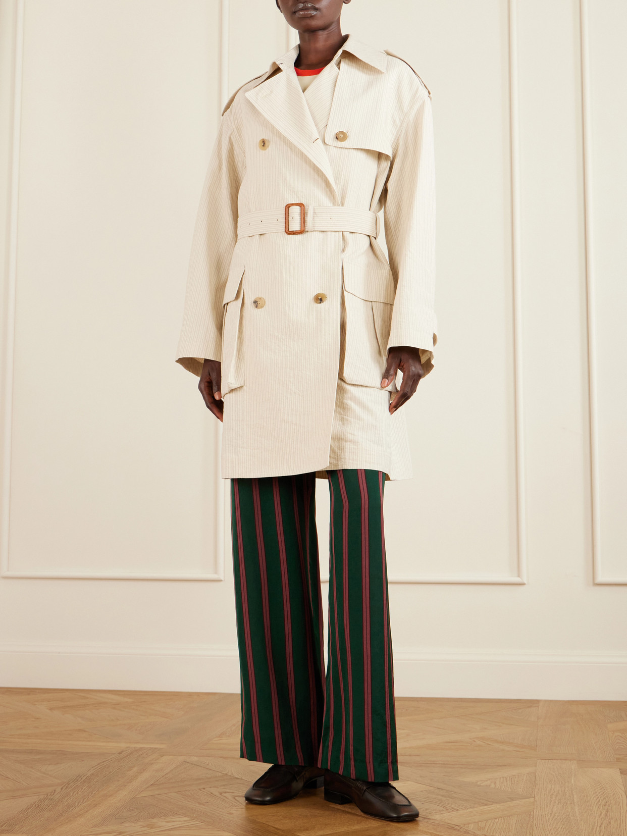 Double-Breasted Belted Striped Cotton-Blend Trench Coat