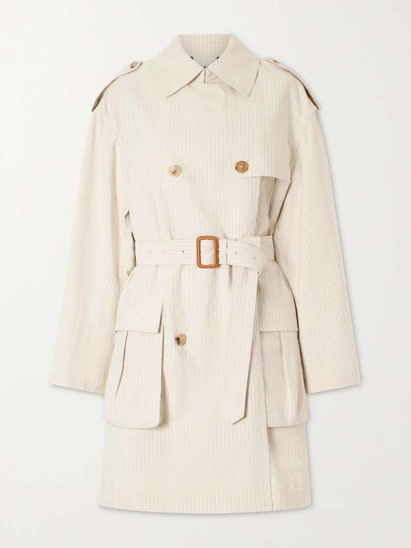 Double-breasted Belted Striped Cotton-blend Trench Coat