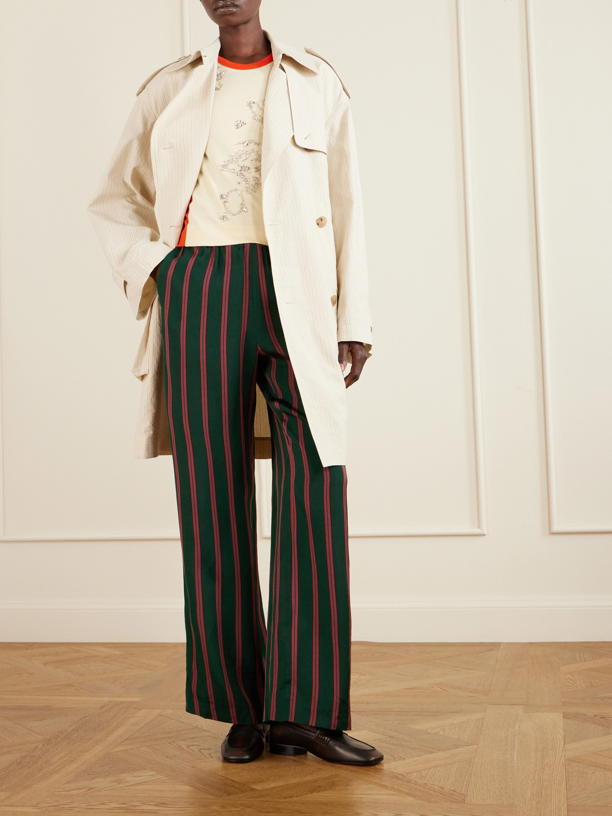 Double-Breasted Belted Striped Cotton-Blend Trench Coat