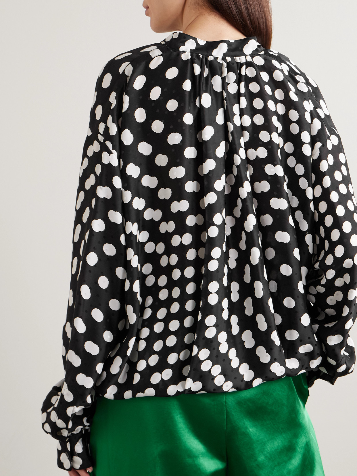 Draped Polka-Dot Satin-Jacquard Blouse