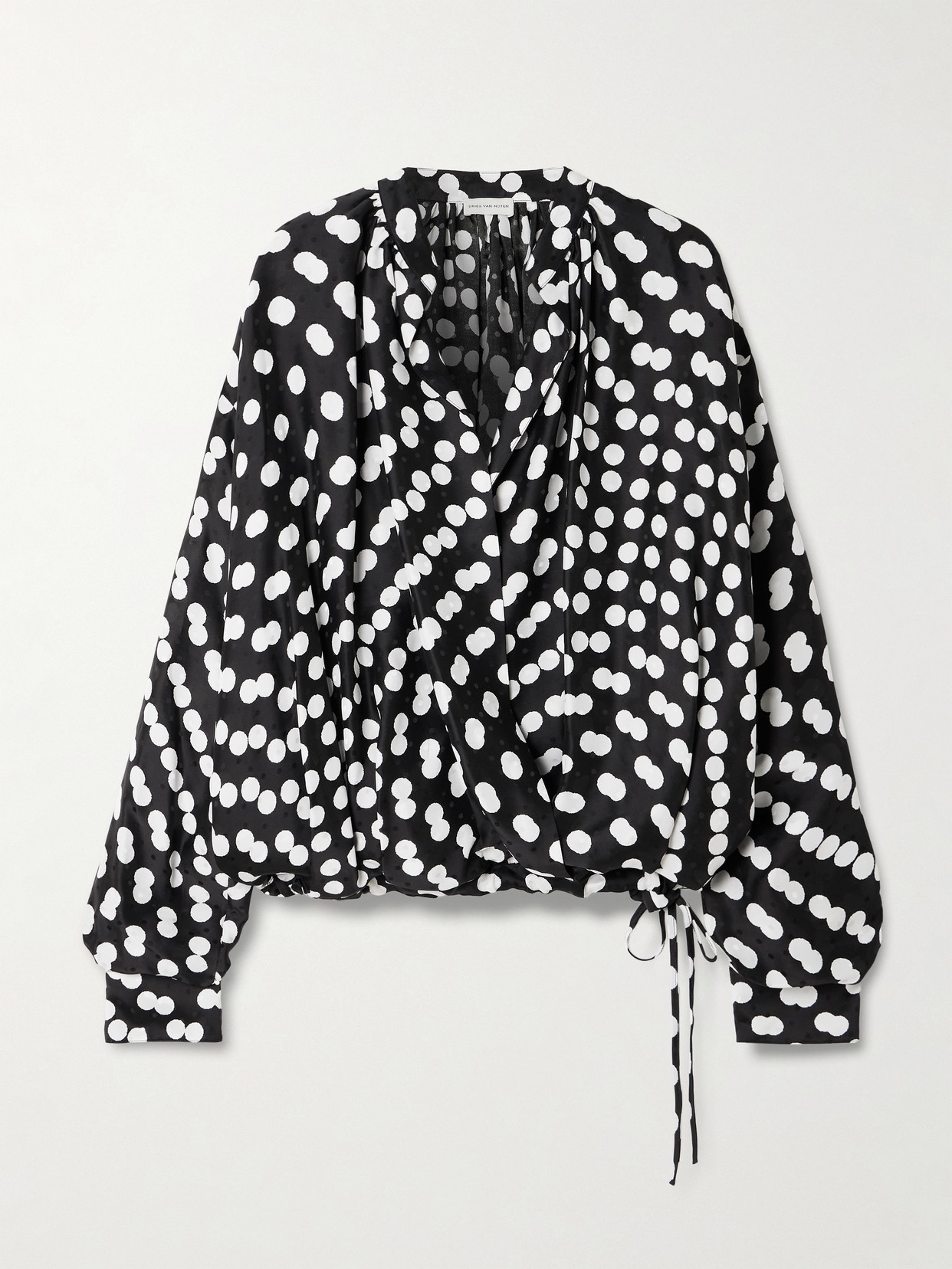 Dries Van Noten Draped Polka-dot Satin-jacquard Blouse In Black