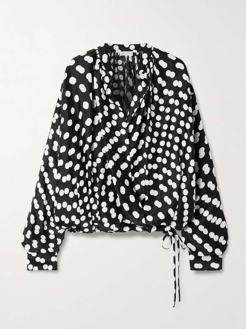 Dries Van Noten Draped Polka-dot Satin-jacquard Blouse