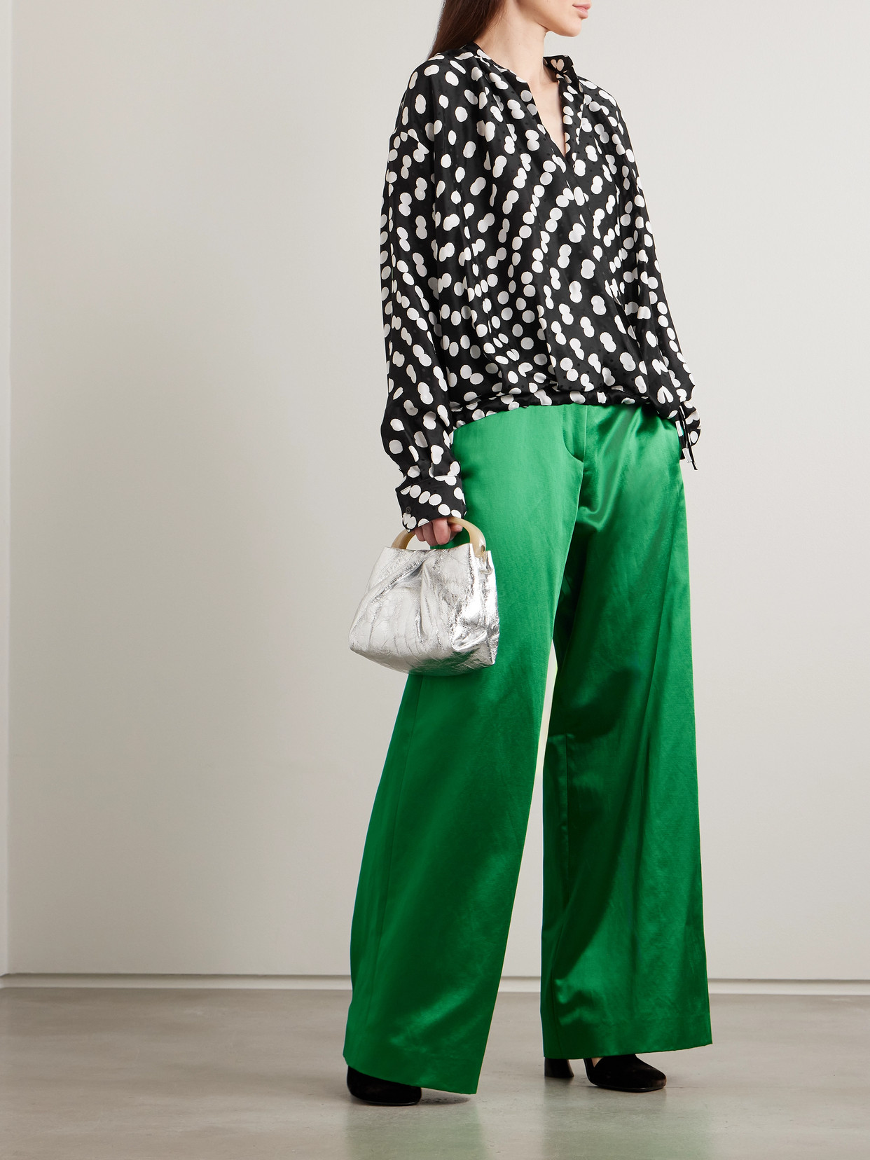 Draped Polka-Dot Satin-Jacquard Blouse