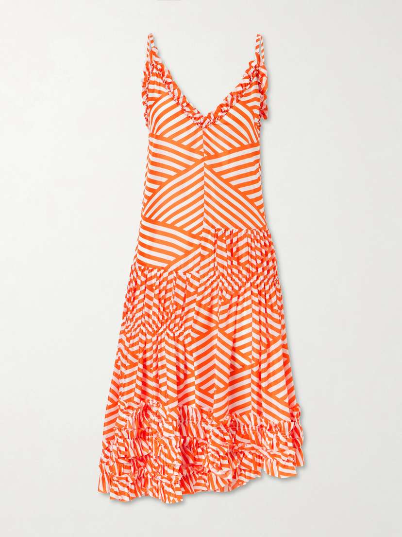 Demi Ruffled Asymmetric Striped Cotton Midi Dress