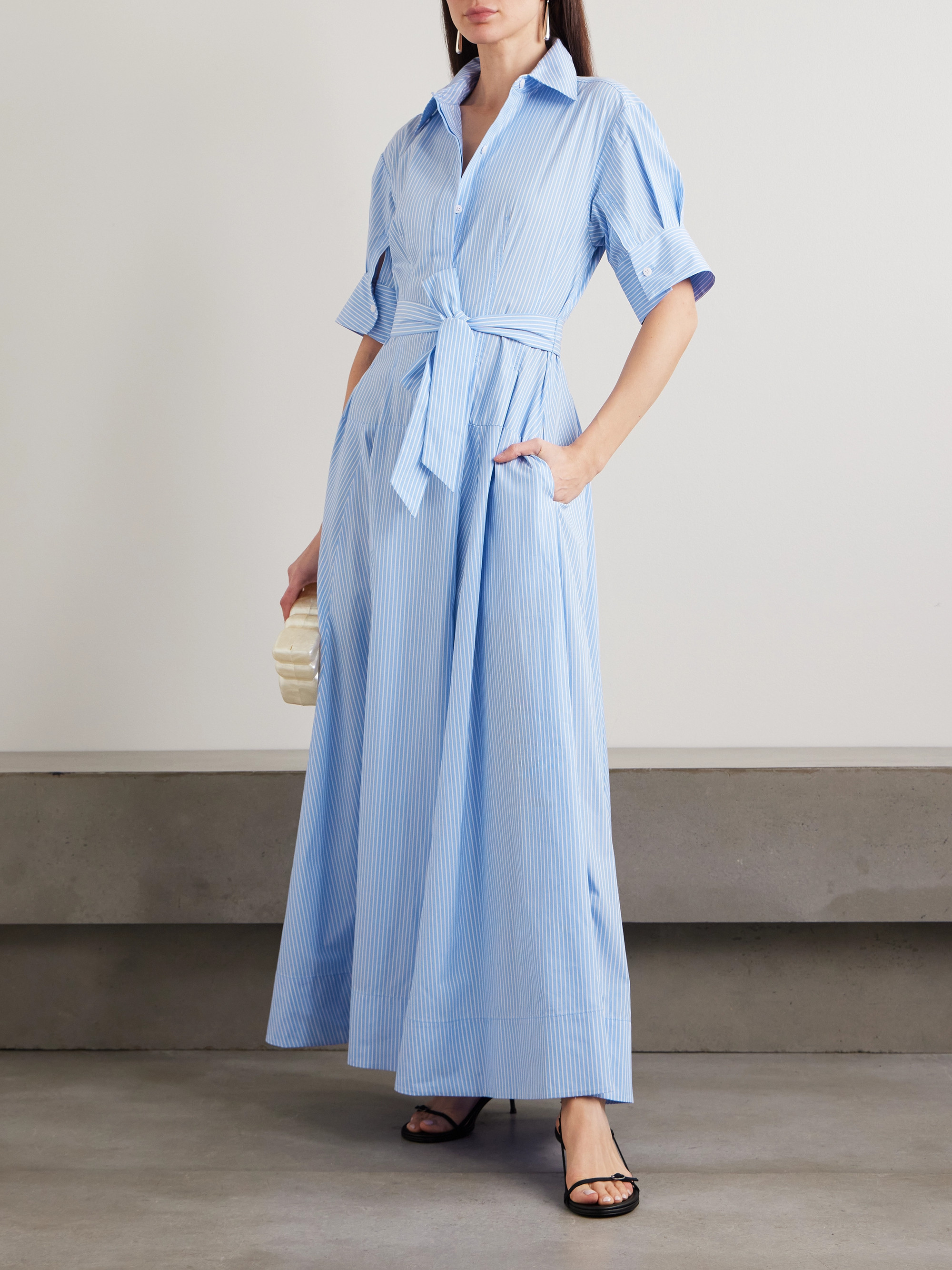 SIMKHAI Truman belted striped cotton midi shirt dress