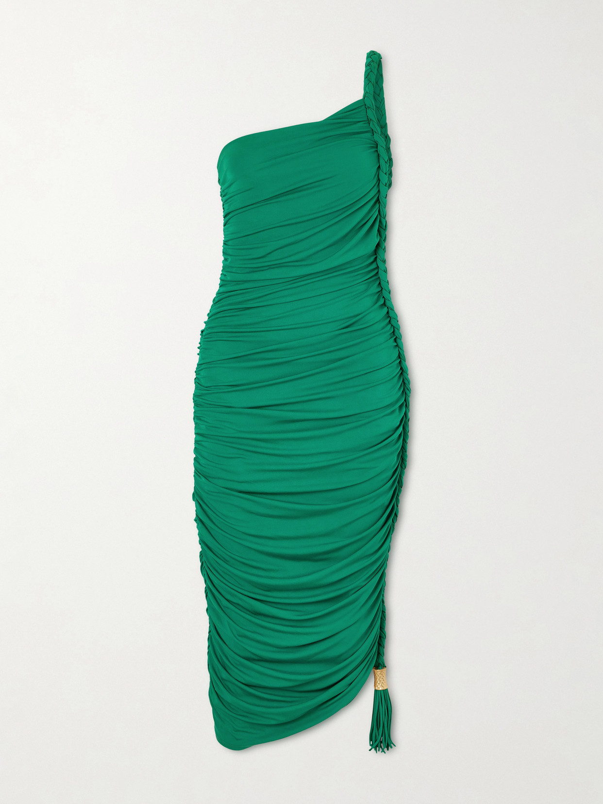 Simkhai Alessia One-shoulder Asymmetric Tasseled Ruched Stretch-jersey Midi Dress In Green
