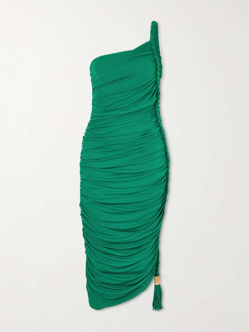 Simkhai Alessia One-shoulder Asymmetric Tasseled Ruched Stretch-jersey Midi Dress