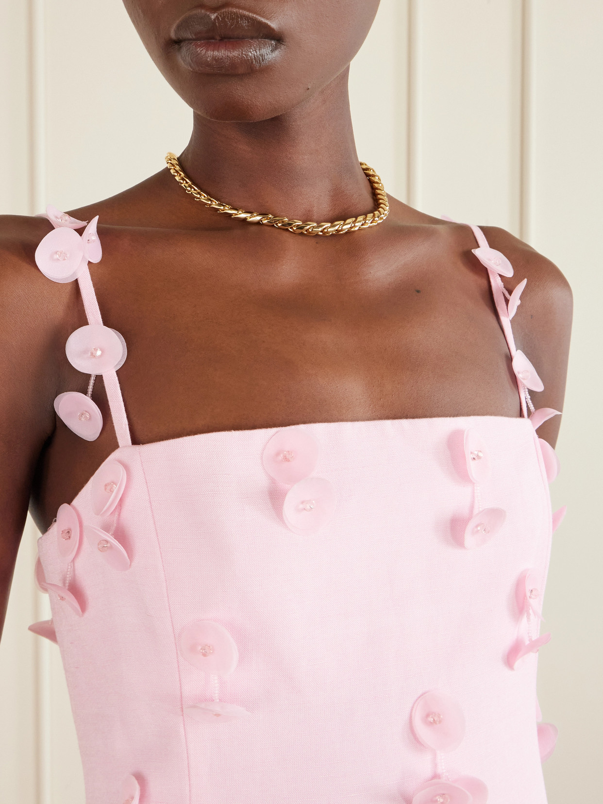 Simkhai Juliana Embellished Fringed Linen-blend Midi Dress In Pink