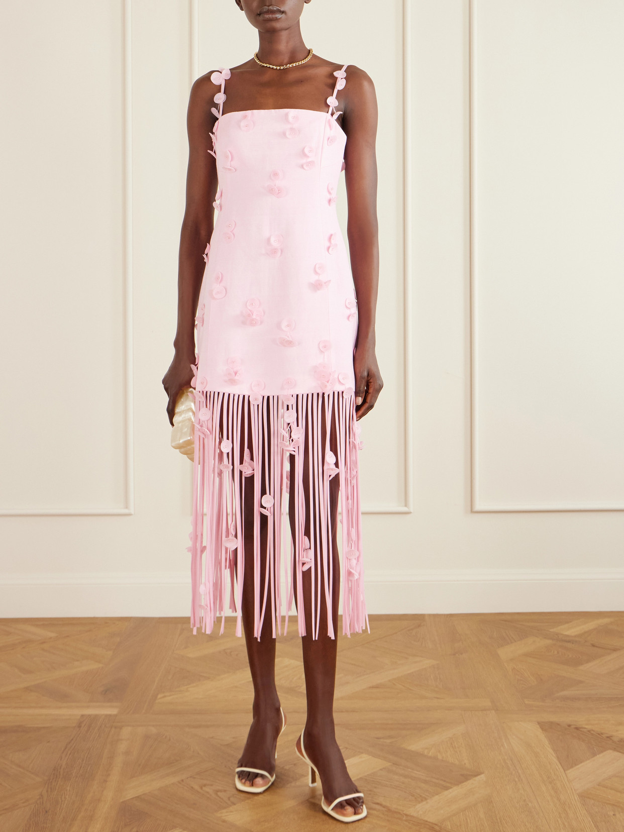 Simkhai Juliana Embellished Fringed Linen-blend Midi Dress In Pink