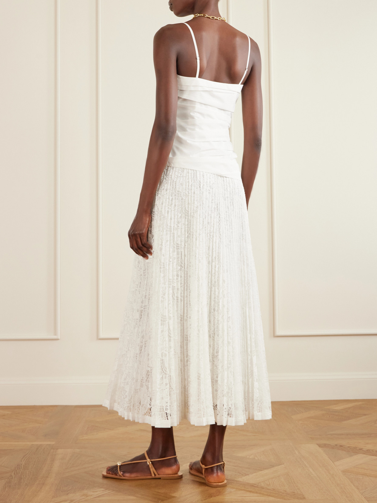 Annalise Pleated Lace And Cotton-Poplin Midi Dress