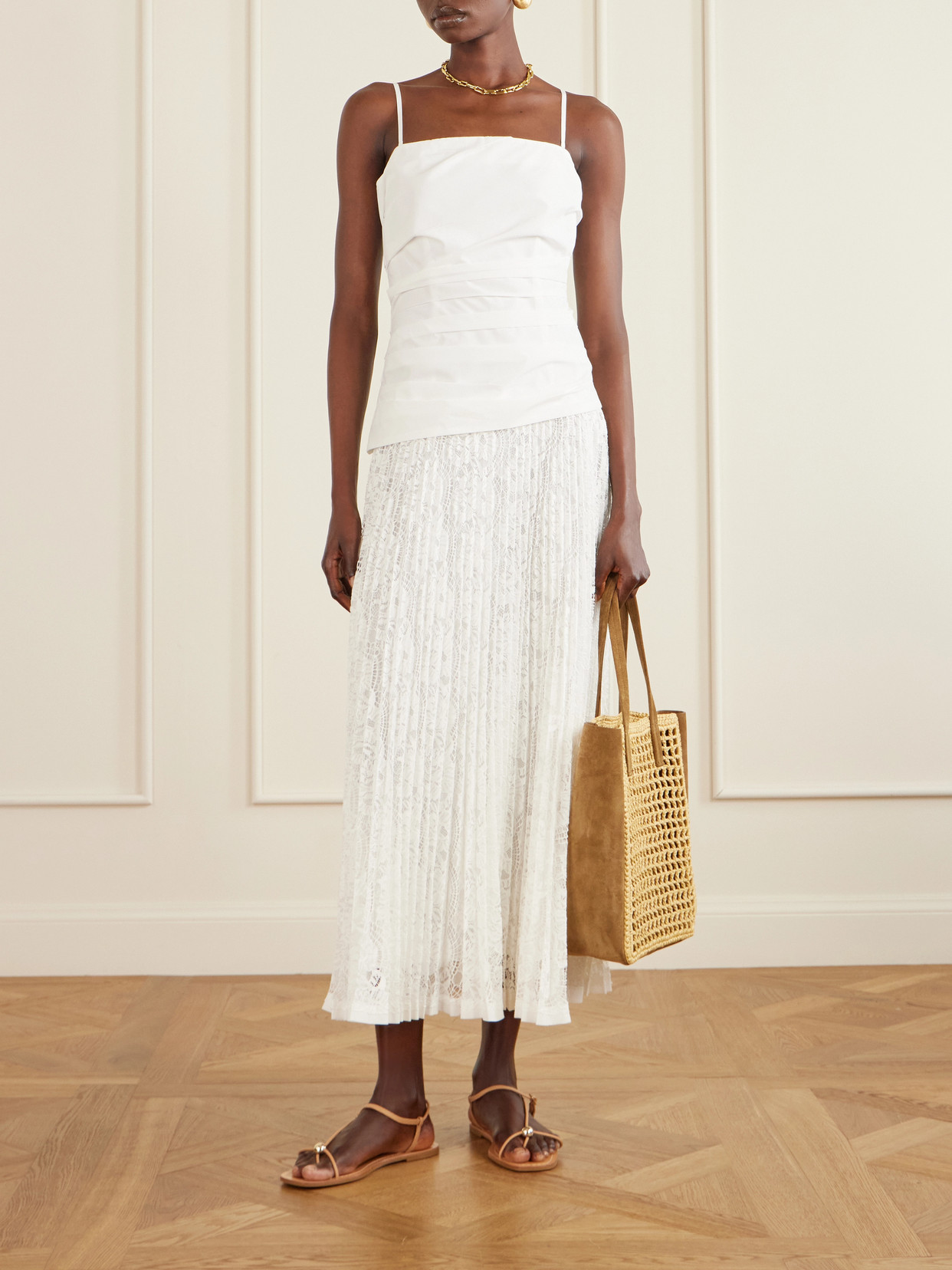 Annalise Pleated Lace And Cotton-Poplin Midi Dress