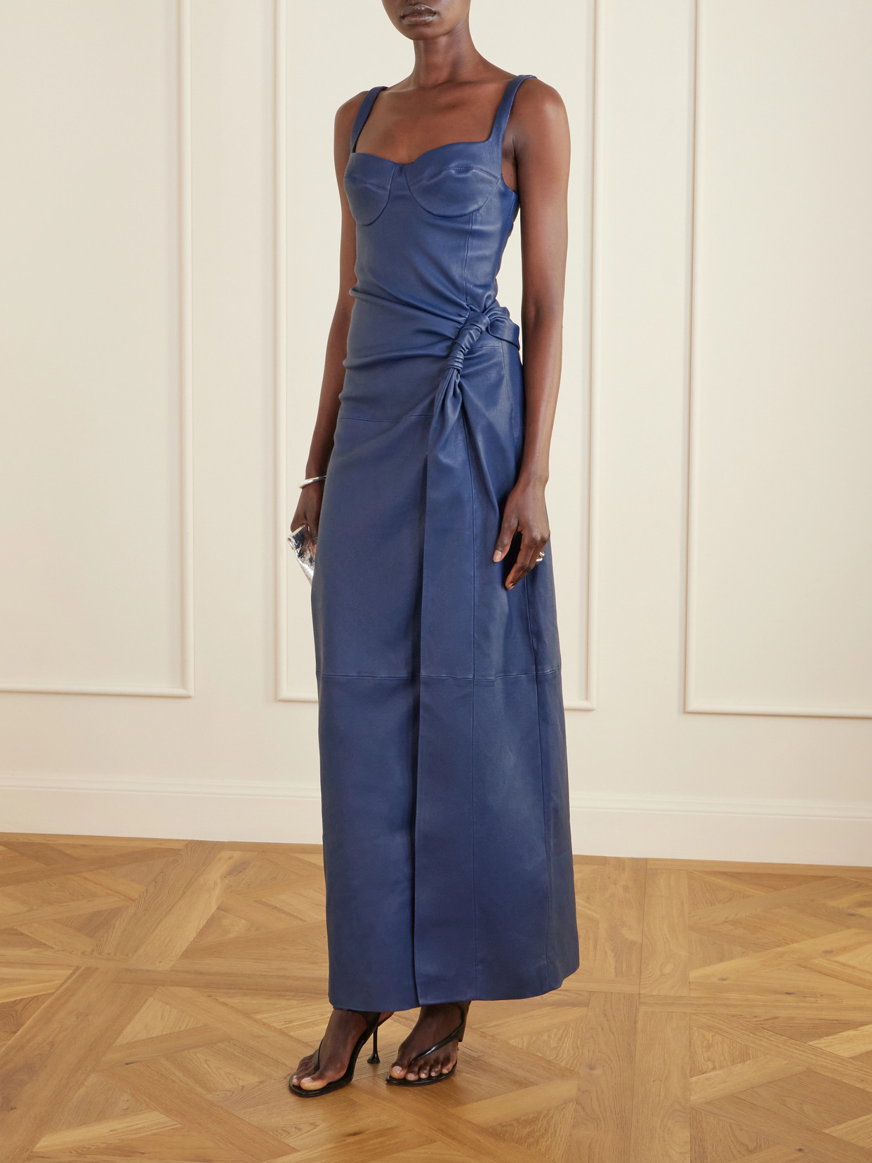 Lyle Draped Leather Midi Dress