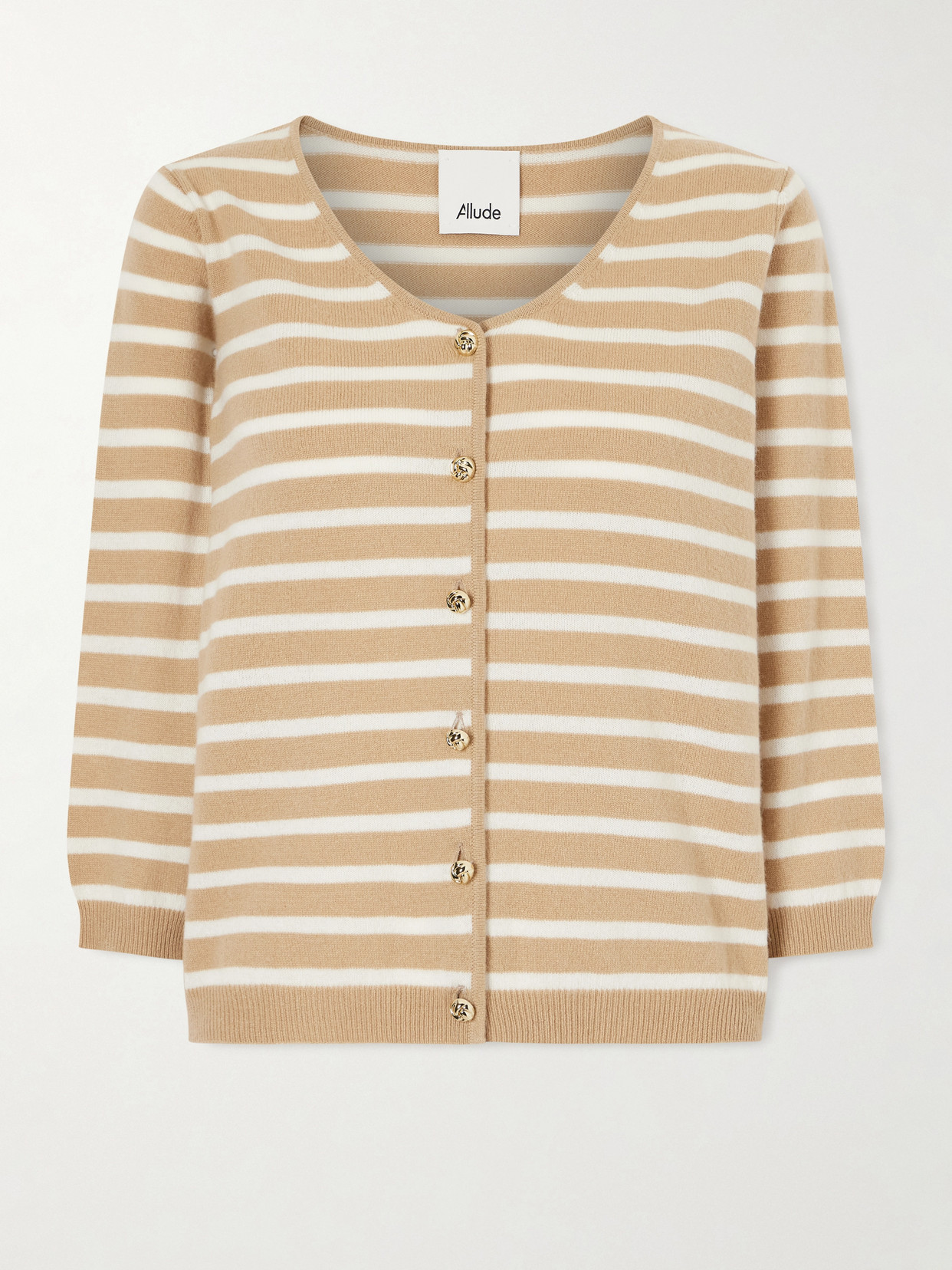 Allude Striped Cashmere Cardigan In White