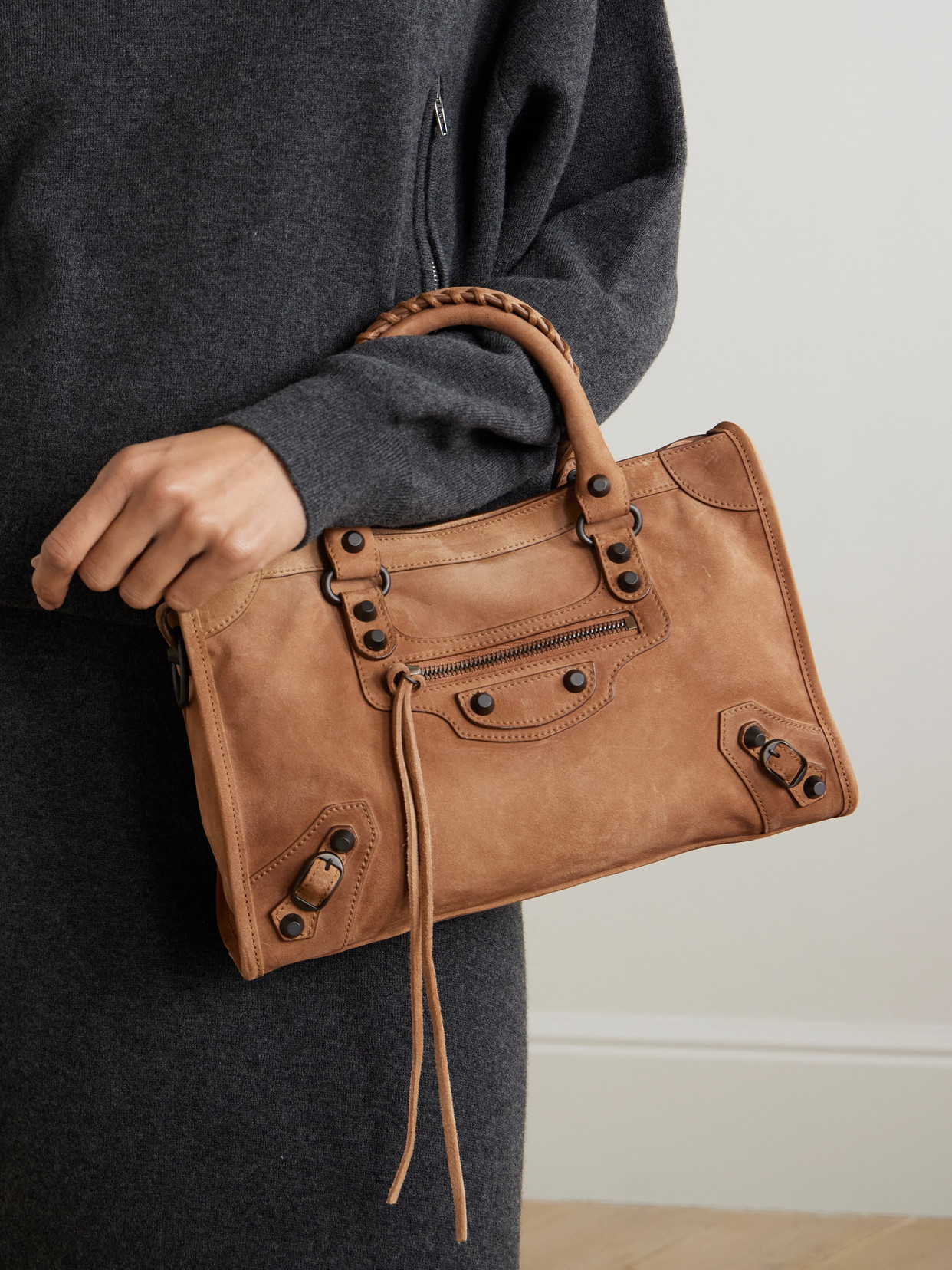 Balenciaga Le City Small Embellished Suede Tote In Brown