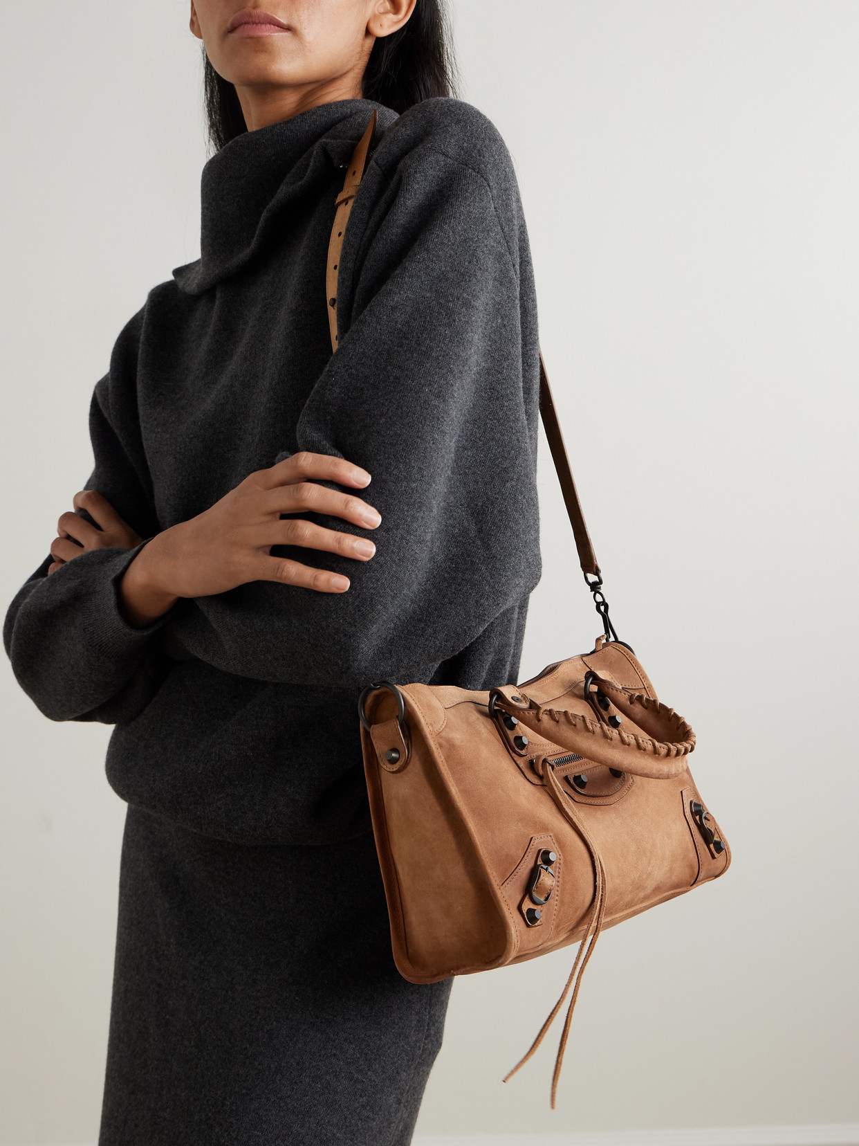 Balenciaga Le City Small Embellished Suede Tote In Brown