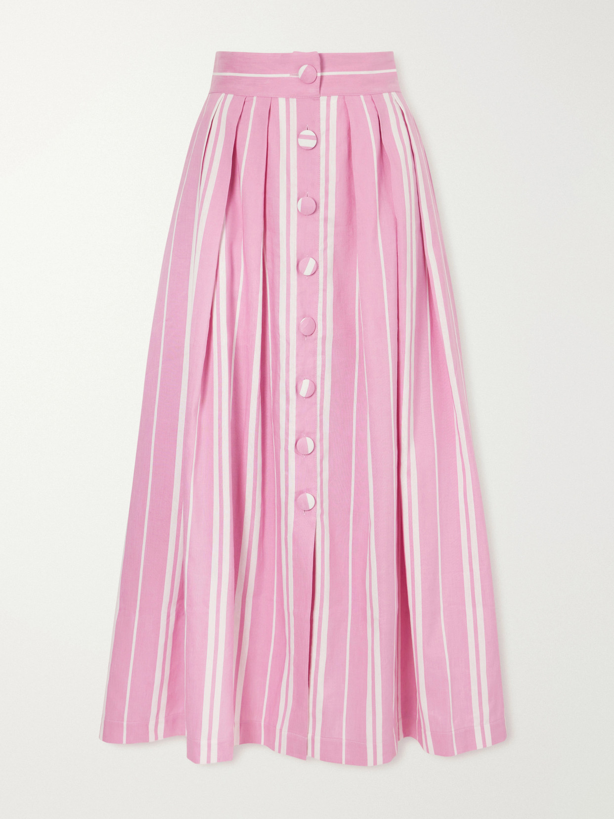 D'estree Irving Striped Cotton, Tencel™ And Linen-blend Midi Skirt In Pink